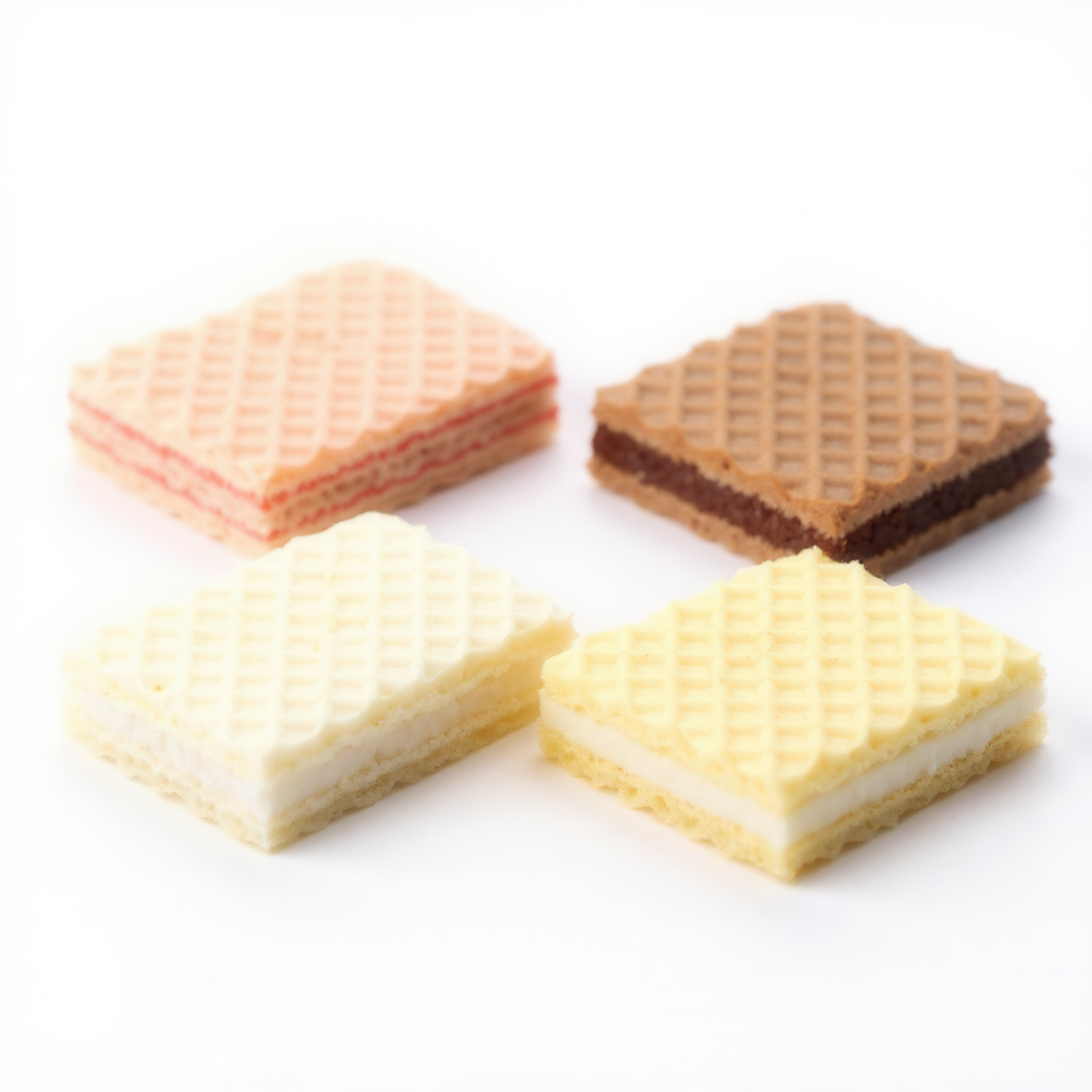 Wafer biscuits with creamy all flavors filling in flowpack packaging, export-ready