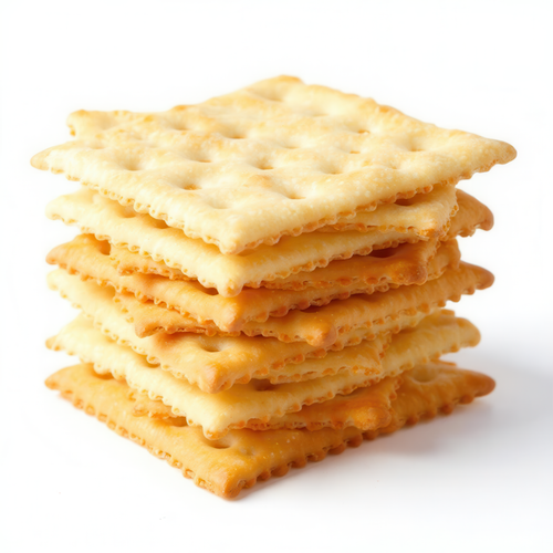 Pack of soda crackers with light, crispy texture, industrial biscuit for private label export